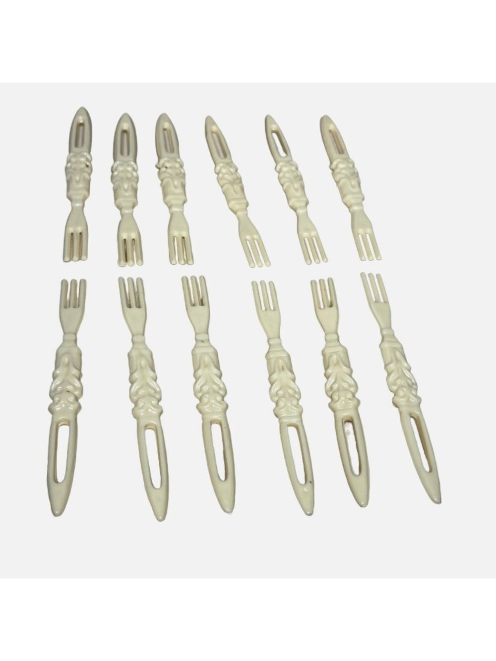 Vintage Appetizer Cocktail Forks Molded Plastic Celluloid Set of 12 Beige Hors d